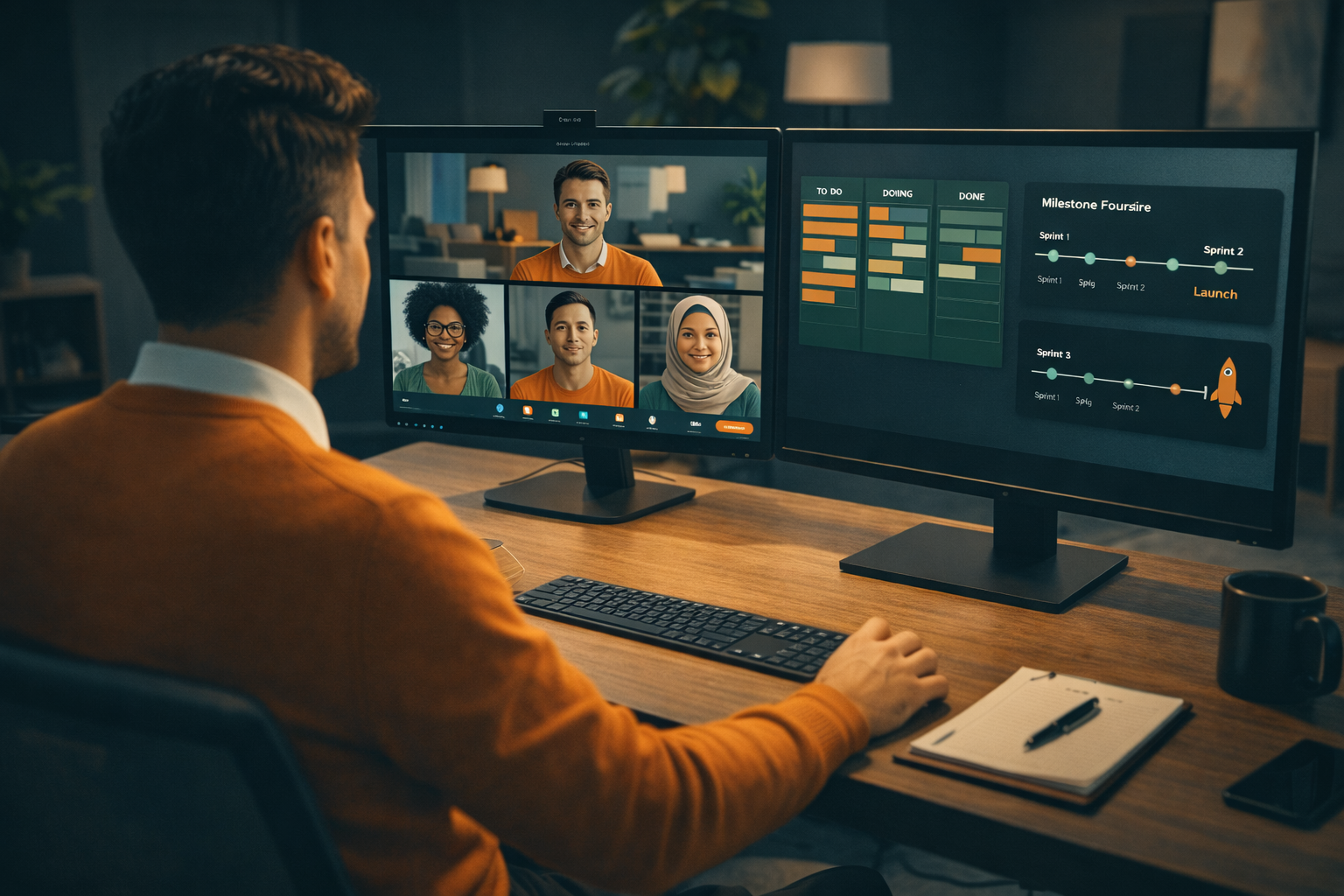 Startup founder leading a video call with a remote development team while reviewing a project management dashboard and sprint milestones on dual monitors